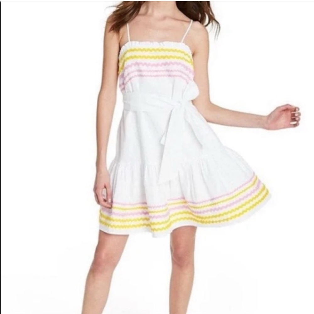 Lisa Marie Fernandez White Yellow Pink Ric Rack Linen Blend Sun Dress